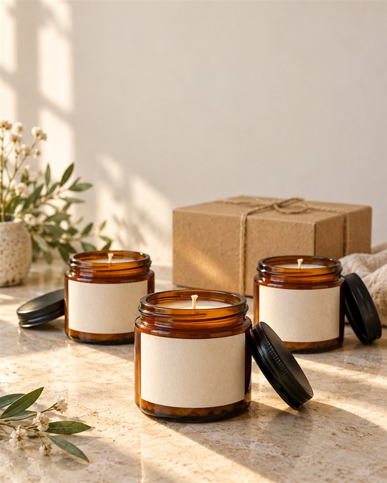 Ejercicio ficticio Aura: set de tres velas artesanales en frasco ámbar