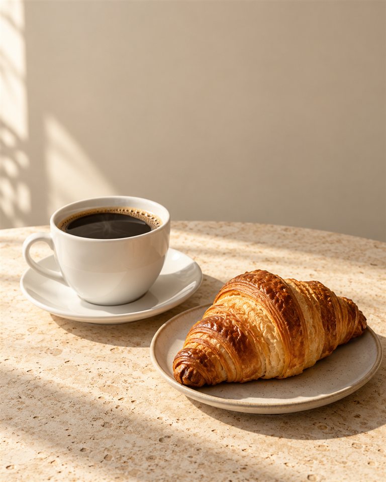 Ejercicio ficticio Café Nube: taza de café americano y croissant sobre mesa de piedra