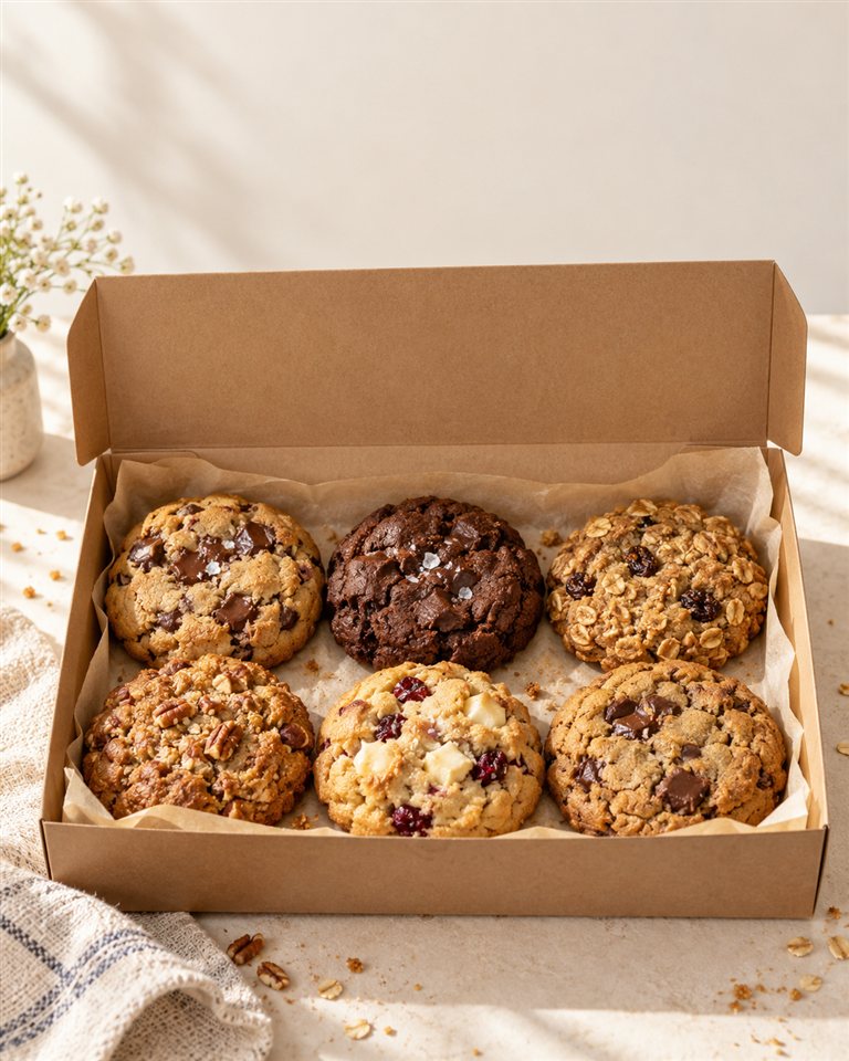 Ejercicio ficticio Migas: caja abierta con seis galletas artesanales