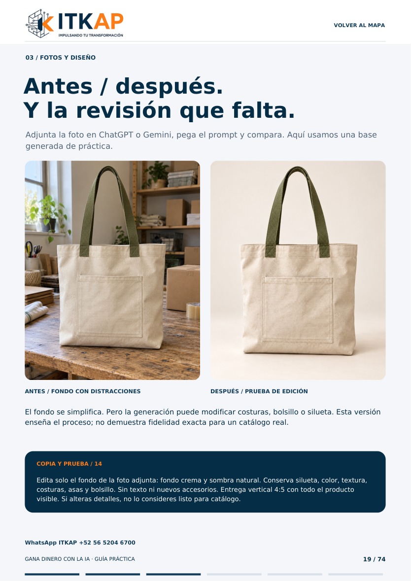 Página 19 del PDF: Antes y después de foto de producto con prompt incluido