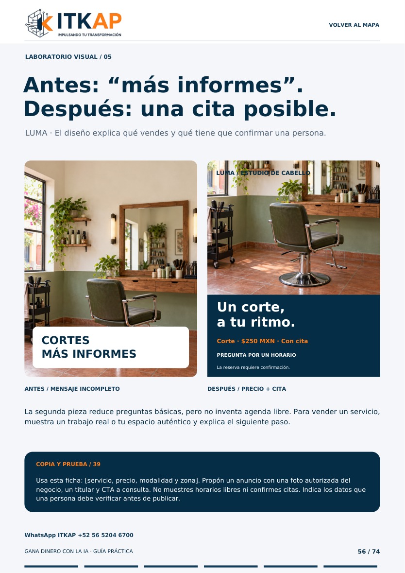 Página 56: Comparación entre aviso genérico y anuncio con precio y cita para salón Luma